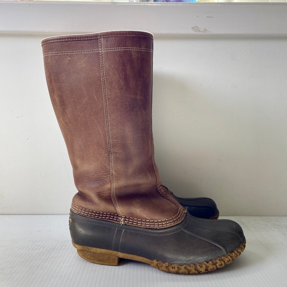 LL Bean Shearling Lined Tall Bean Boots Brown Leather Rubber Side Zip Womens 9